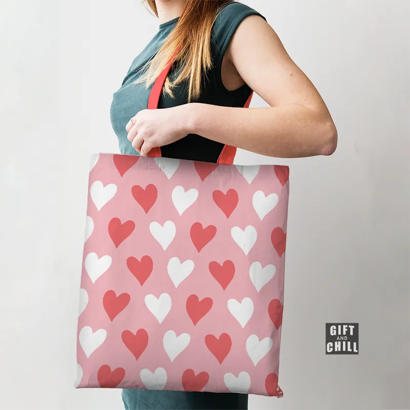 Beautiful Heart Pattern Pink Canvas Tote Bag 59 C - Gift And Chill