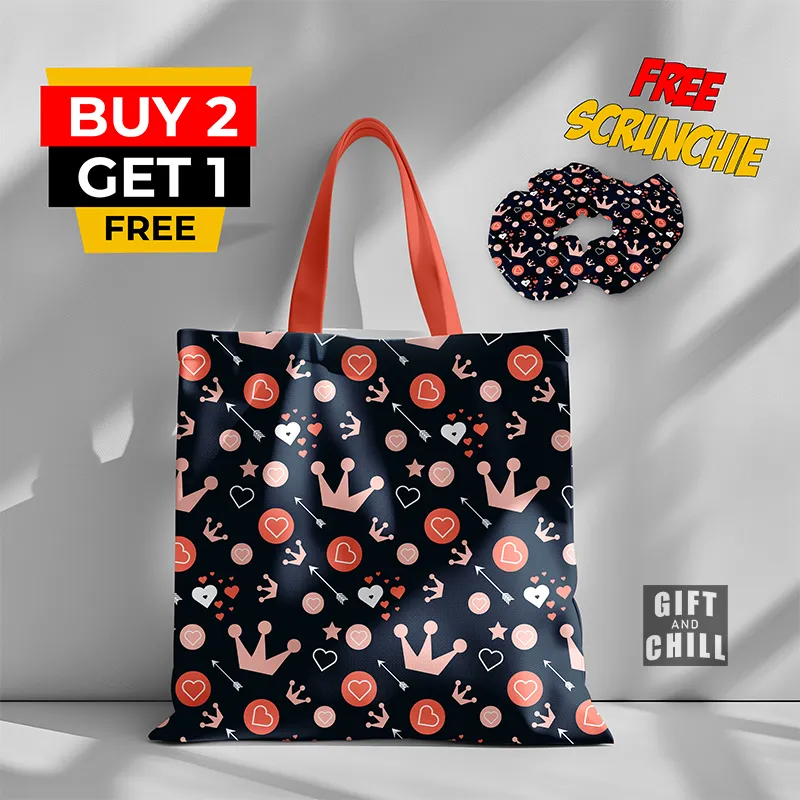 Cute Heart Love Crown Pattern Black Canvas Tote Bag 42 A - Gift And Chill