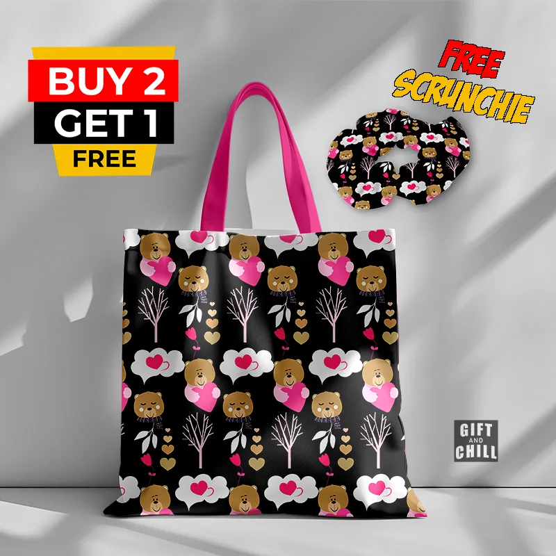 Cute Heart Teddy Bear Pattern Canvas Tote Bag 70 A - Gift And Chill