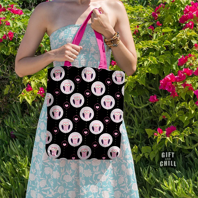 Cute Owl Heart Pattern Canvas Tote Bag 65 D - Gift And Chill