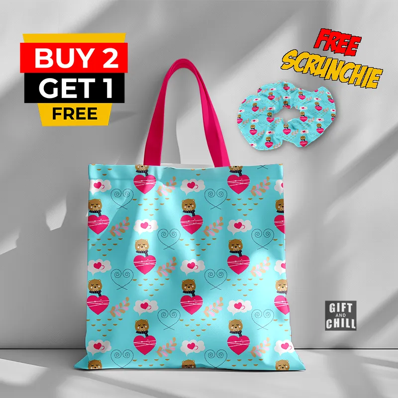 Cute Teddy Bear Heart Pattern Canvas Tote Bag 64 A - Gift And Chill