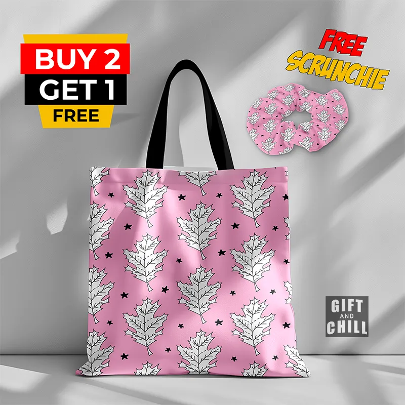 Leaves Pattern Pink Canvas Tote Bag 31 A - Gift And Chill