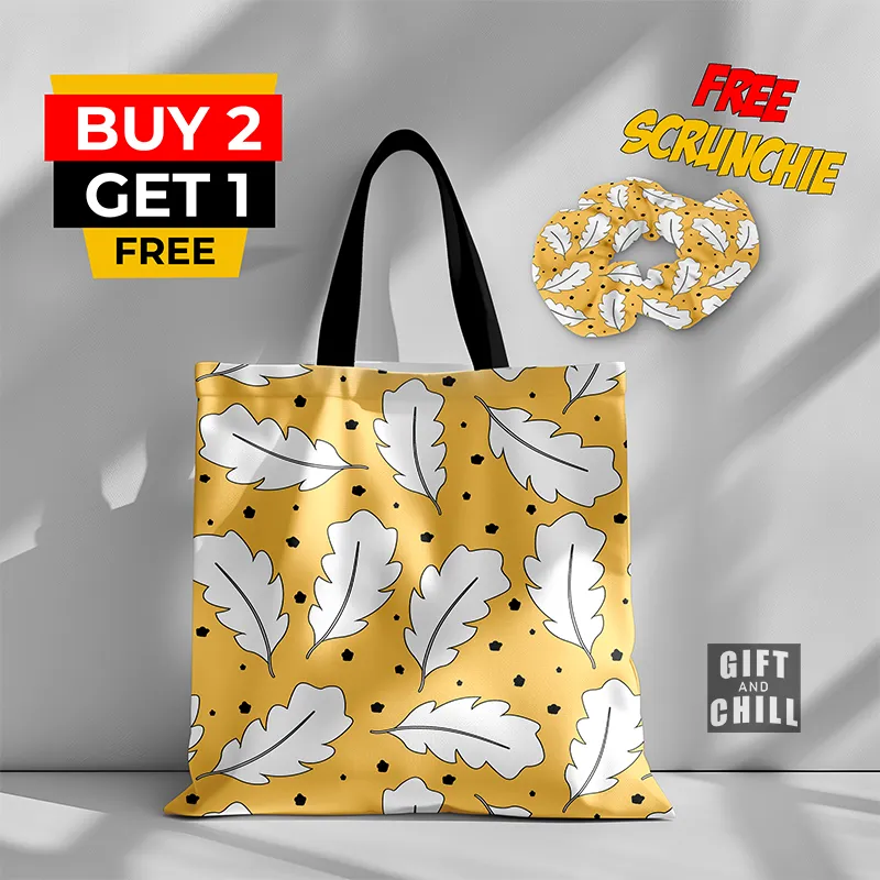 Leaves Pattern Yellow Canvas Tote Bag 30 A - Gift And Chill