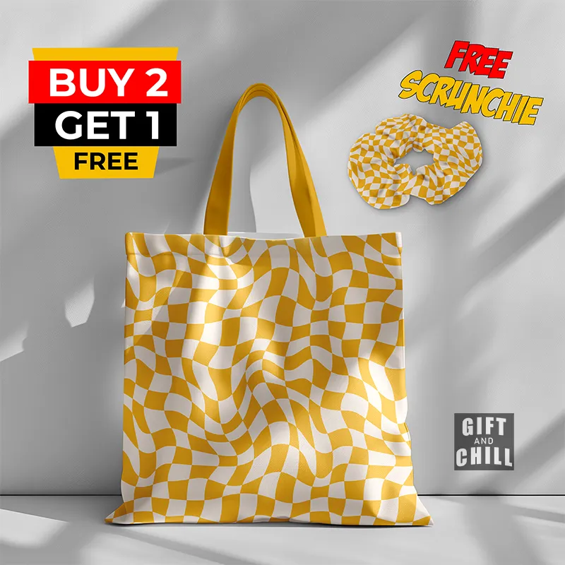 Yellow Criss Cross Pattern Canvas Tote Bag 16 A - Gift And Chill